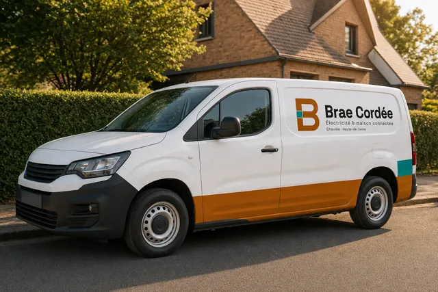 Utilitaire Brae Cordée, électricité et maison connectée, devant une maison à Chaville
