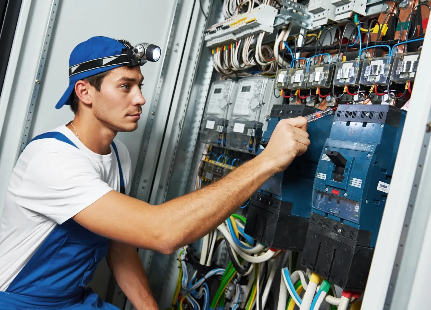 Électricien réglant un disjoncteur dans un tableau à Chaville